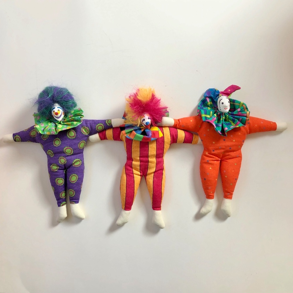 3 Bean Bag Clowns, Hand Made Art Dolls